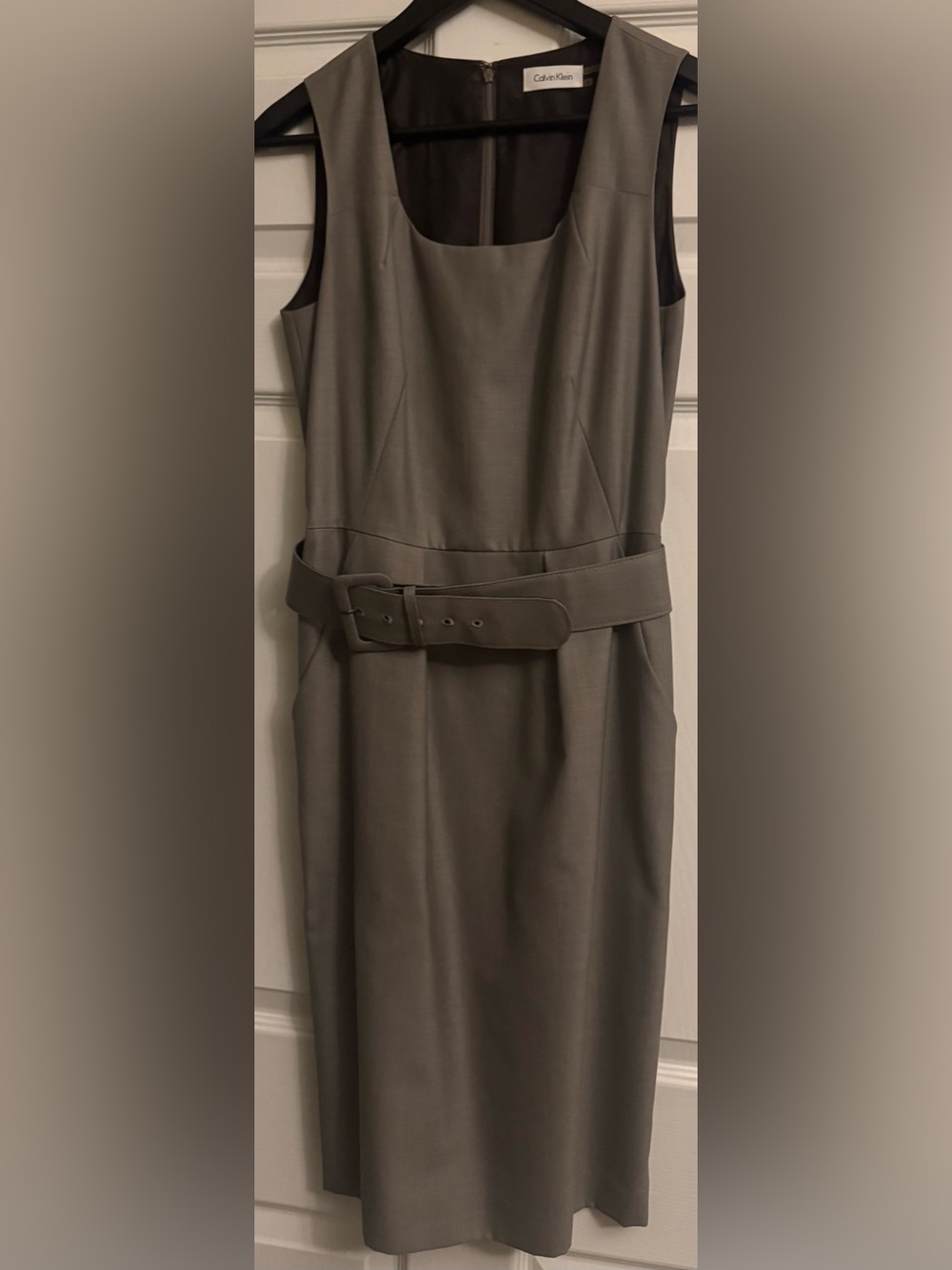 Calvin Klein Gray Sleeveless Belted Sheath Dress